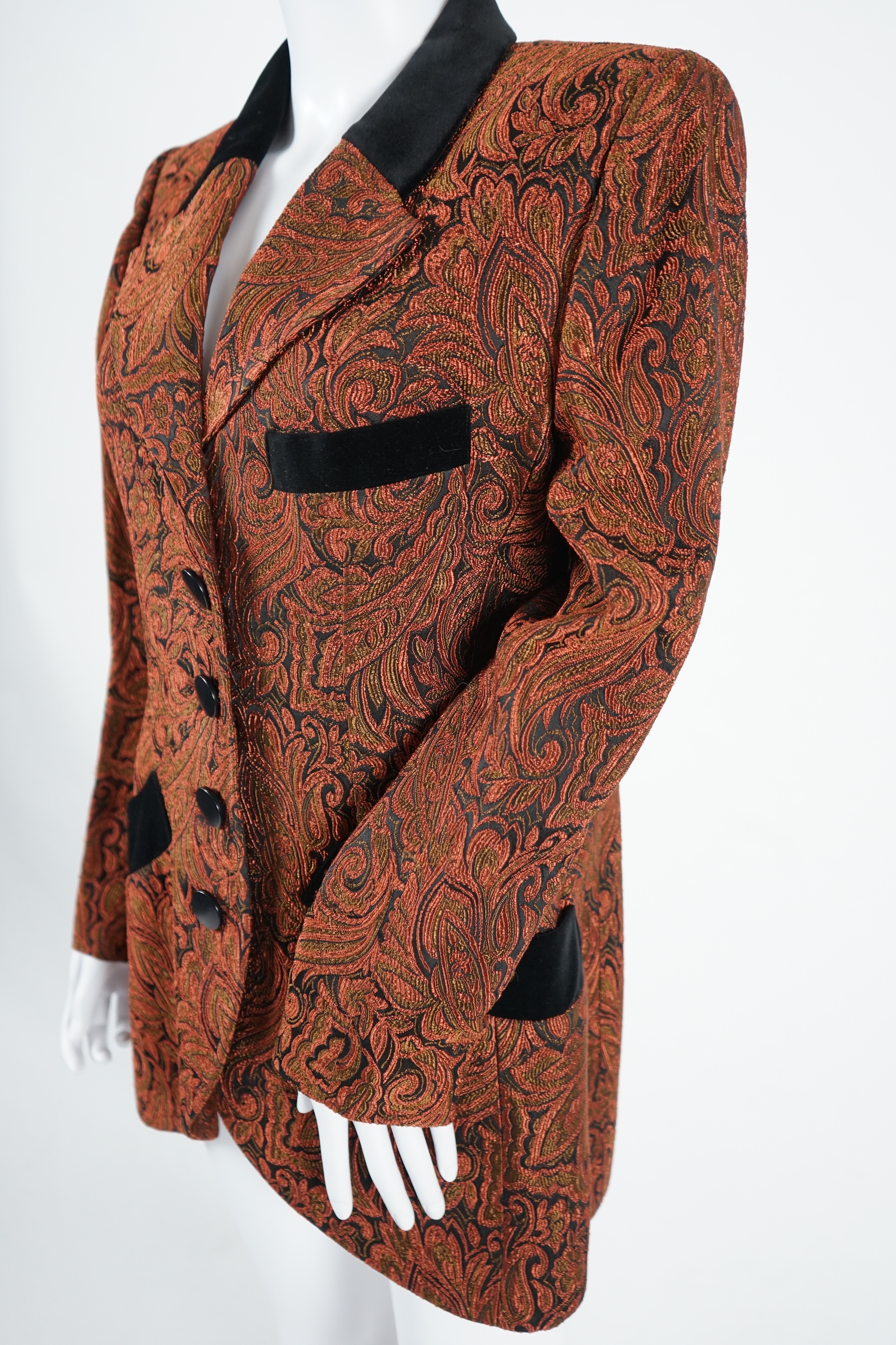 A vintage Yves Saint Laurent variation lady's paisley jacket with black velvet collar, buttons and pocket detail, F 42 (UK 14). Proceeds to Happy Paws Puppy Rescue